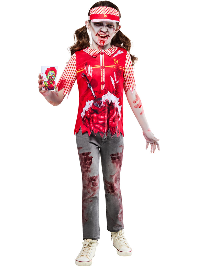 Child wearing zombie worker costume with gore print and upside-down M logo