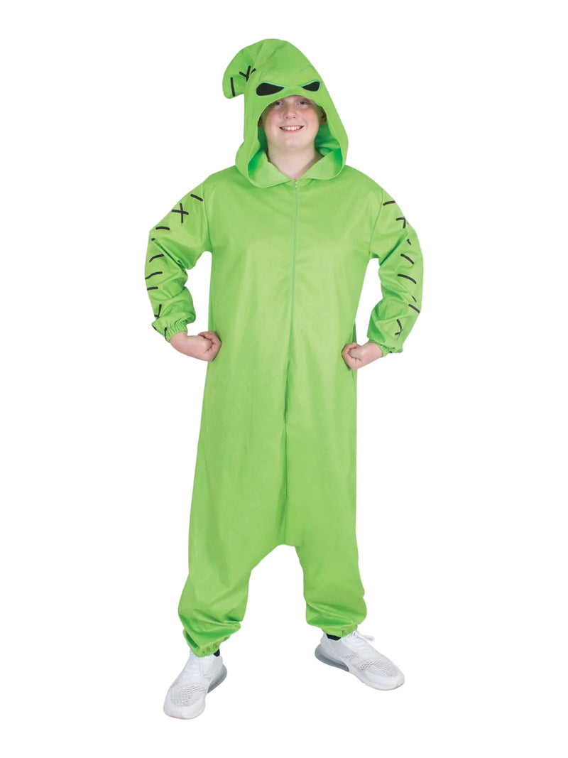 Adult Oogie Boogie costume onesie in lime green fleece with pointed hood and printed stitching details