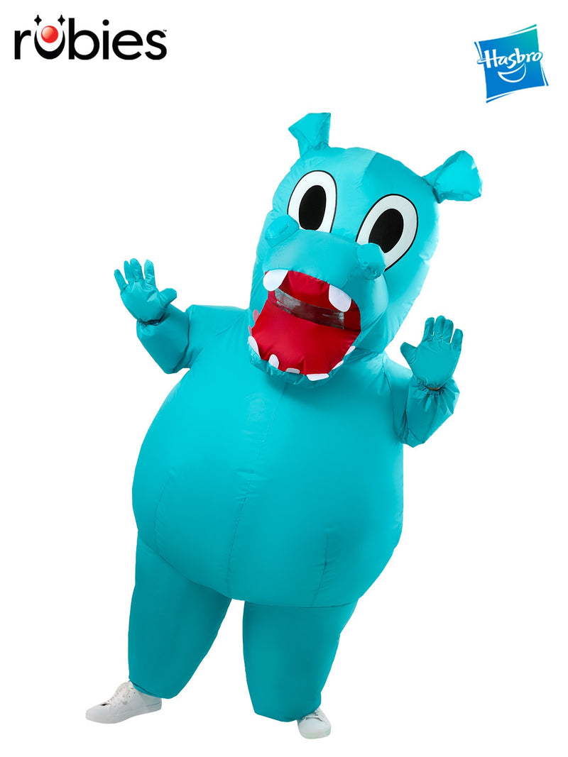 Adult wearing turquoise Hungry Hungry Hippos inflatable costume with wide-open mouth and cartoon eyes
