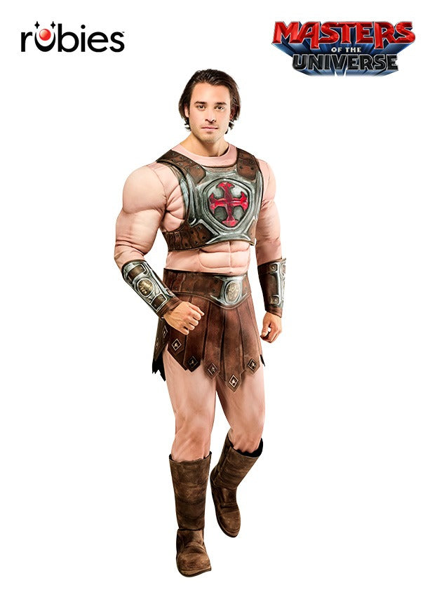 Mens He-Man Deluxe Costume front view showing muscle-padded jumpsuit with chest armor and metallic cross emblem