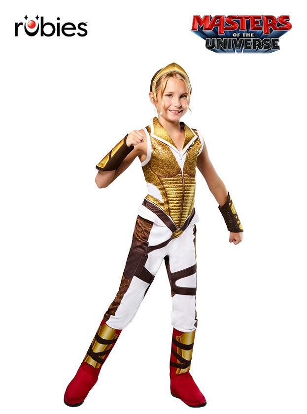 Kids Teela costume from Masters of the Universe, full-length gold armor jumpsuit with red boot covers