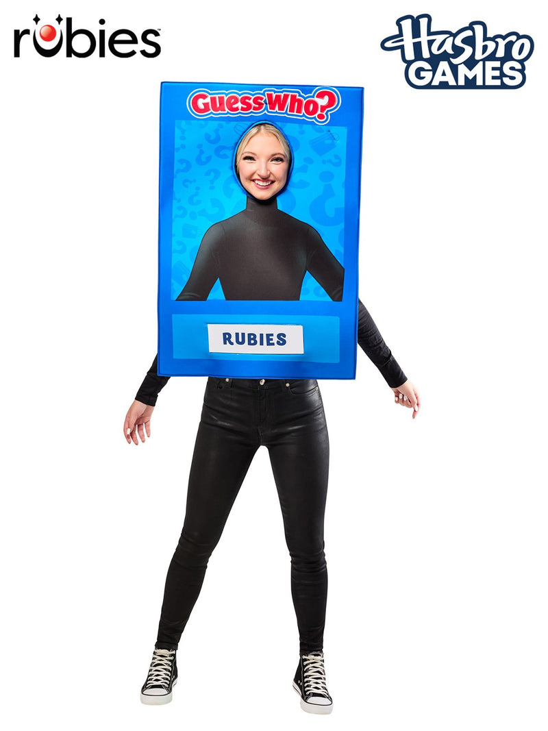 Adult wearing Hasbro Guess Who? costume tabard with blue frame and face cut-out
