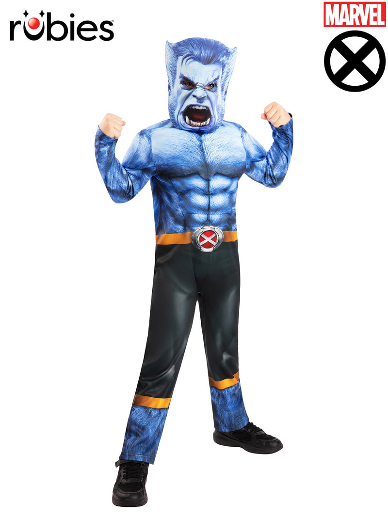 Kids Beast costume front view showing blue fur-print jumpsuit with muscle definition and orange X-Men belt detail