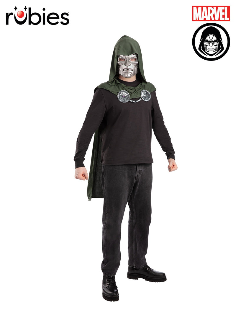 Adult Dr Doom costume set with green hooded cape and character mask on model