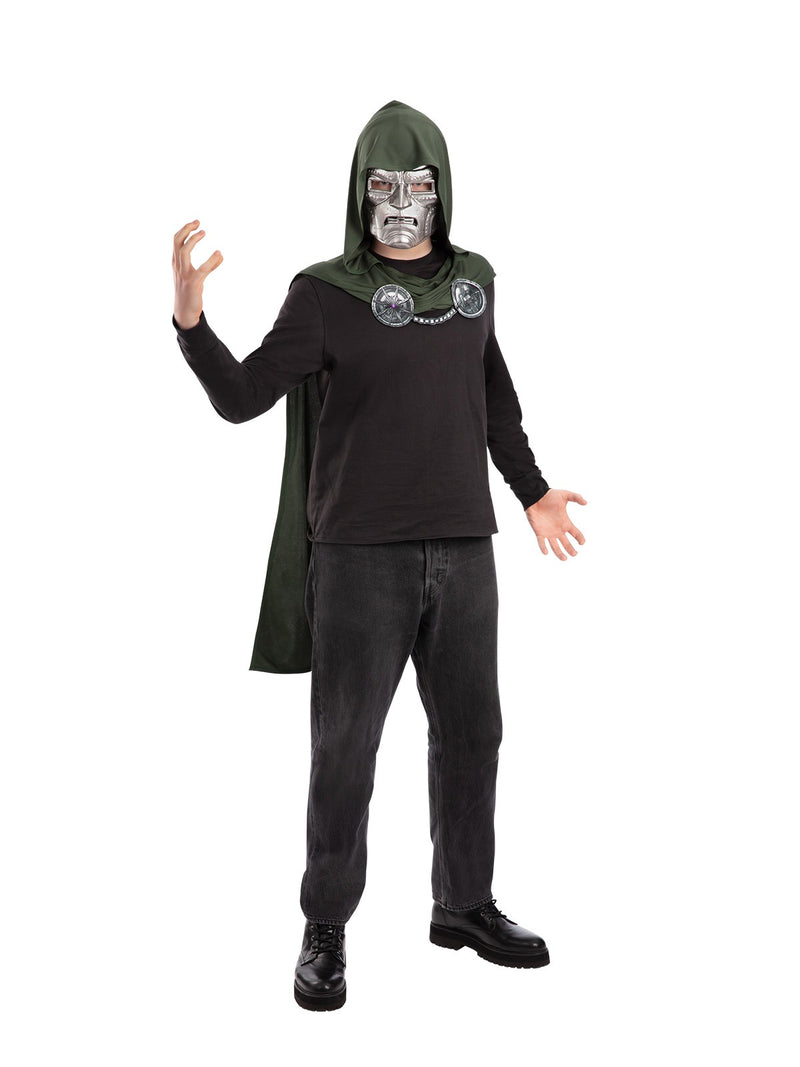 Dr Doom mask close-up showing sculpted facial features and elastic strap
