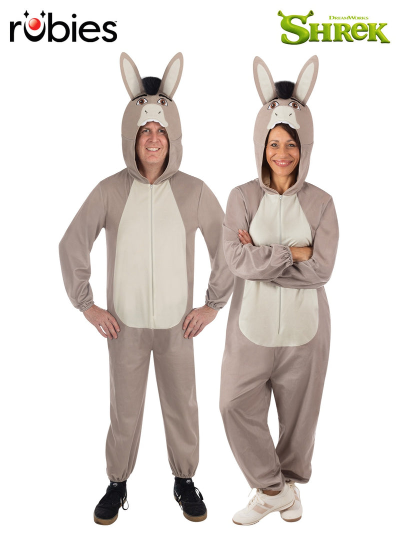 Adult Donkey Costume from Shrek - grey plush onesie with hood and 3D ears