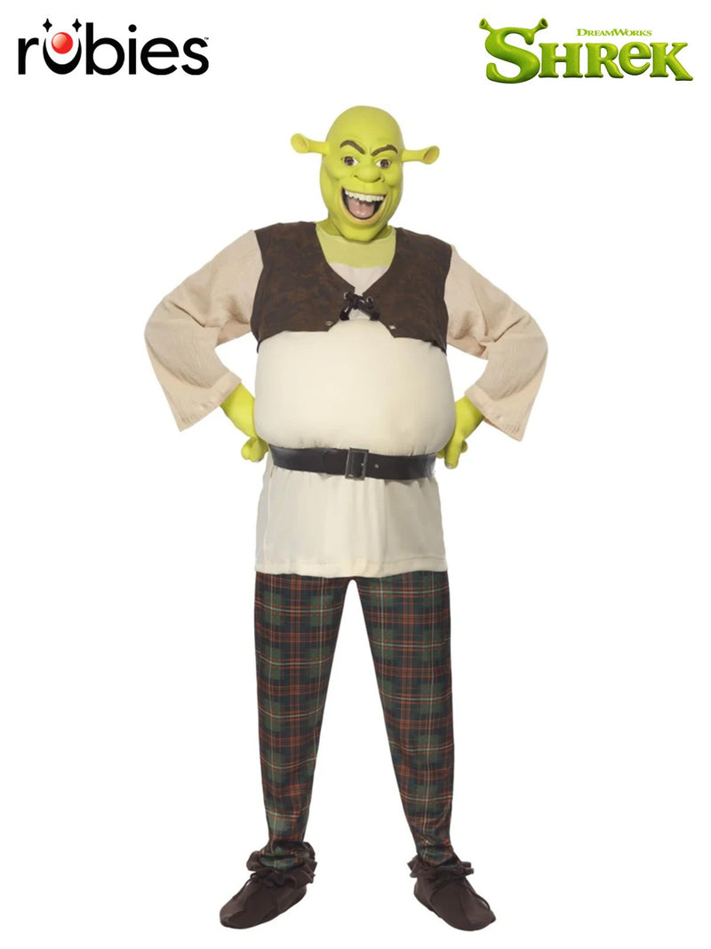 Adult Shrek costume with overhead latex mask, cream tunic with vest, and tartan pants