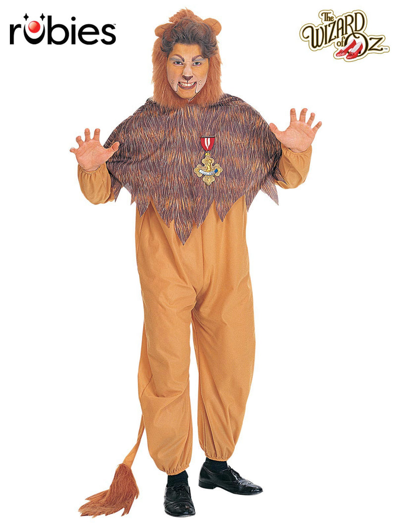 Adult Cowardly Lion costume with tan plush jumpsuit and shaggy brown mane