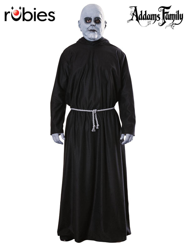 Adult Uncle Fester costume full-length black hooded robe with trumpet sleeves and gray rope belt