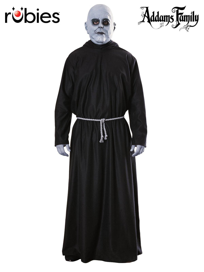 Adult Uncle Fester costume full-length black hooded robe with trumpet sleeves and gray rope belt