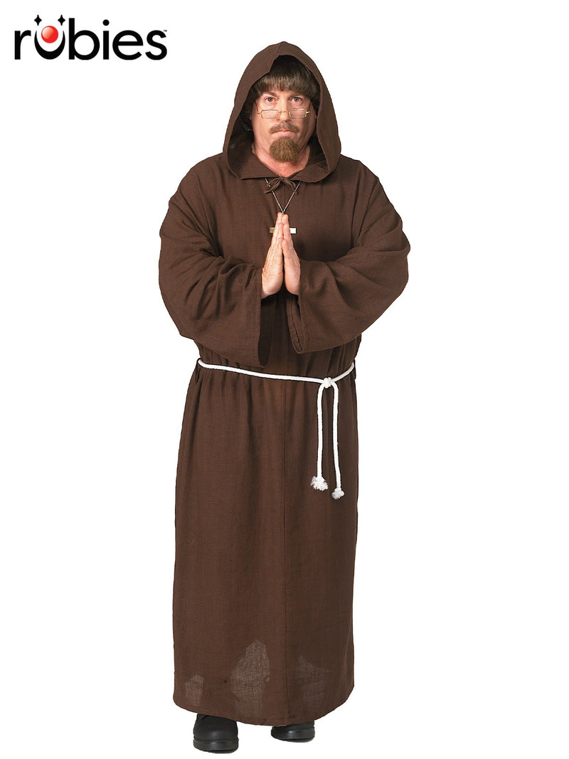 Adult in brown monk robe with hood up and rope belt, holding cross