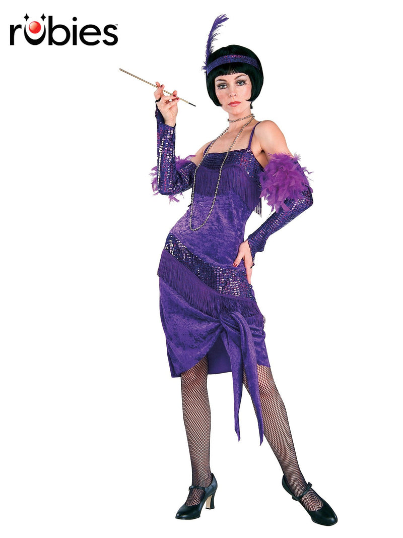 Womens purple 1920s flapper costume dress with fringe tiers and feather headpiece