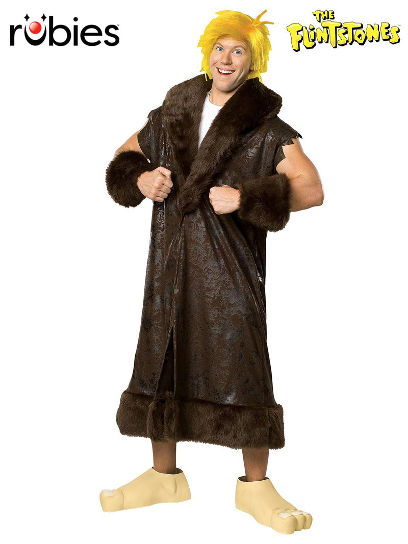 Adult Barney Rubble costume with brown tunic, fur trim and blonde wig