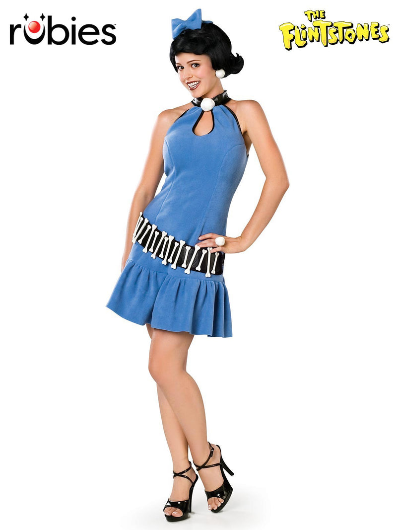 Womens Betty Rubble Costume blue halter dress with bone belt and black wig