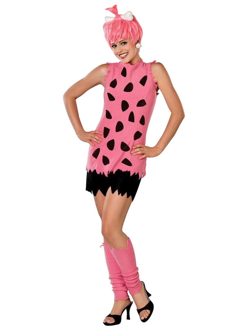 Womens Pebbles Flintstone costume with pink tunic, black spots, and bone wig accessory