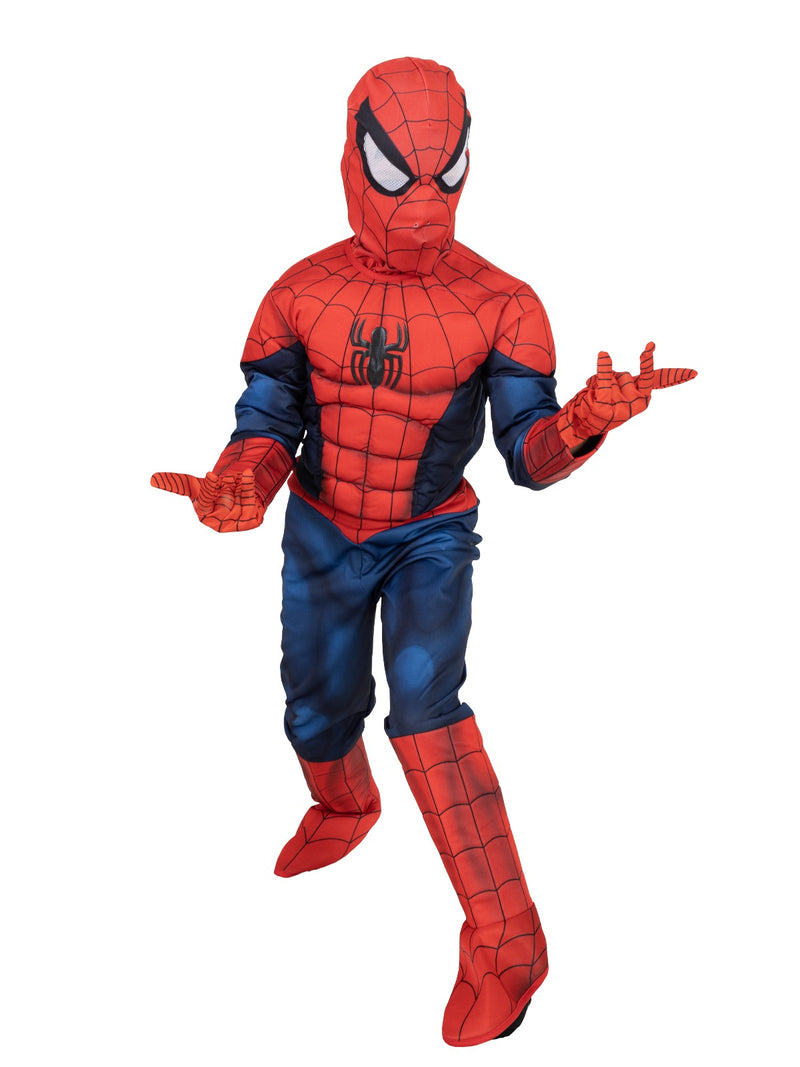 Spider-Man Iron Spider kids costume side angle showing muscled arms and structured boot tops with mesh eye mask