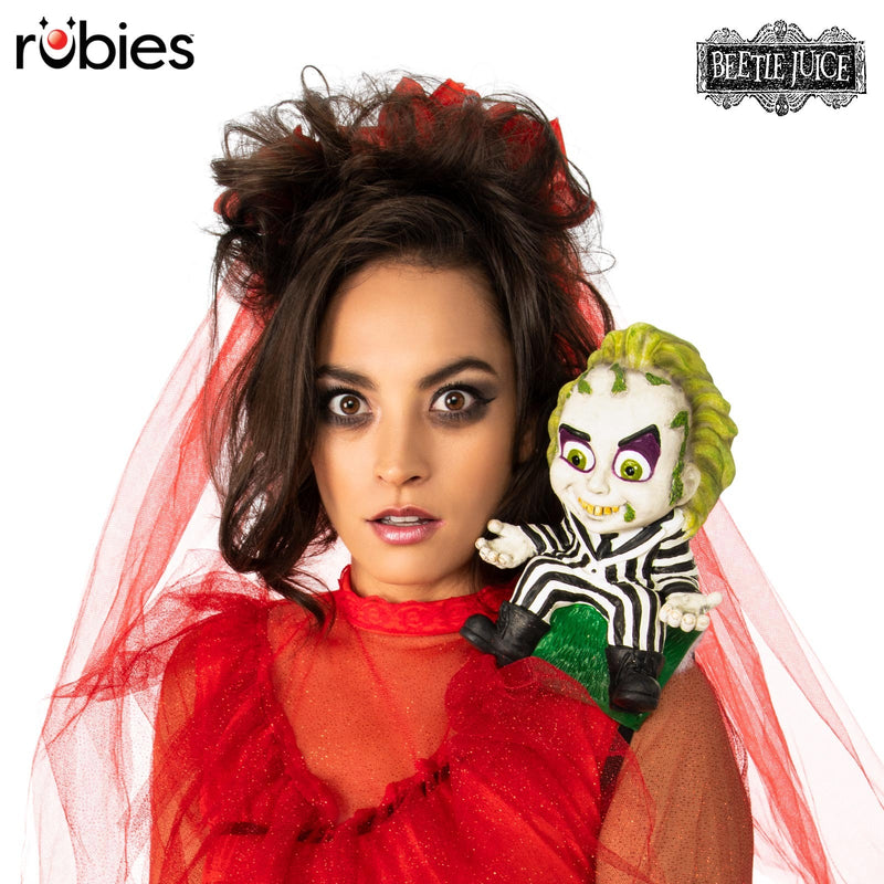 Adult Beetlejuice shoulder buddy prop with green hair and striped suit