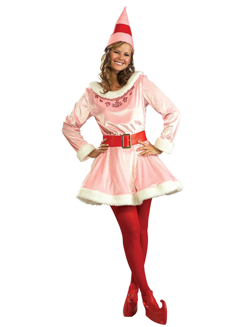Womens Jovie Elf Costume pink crushed velvet dress with white fur trim