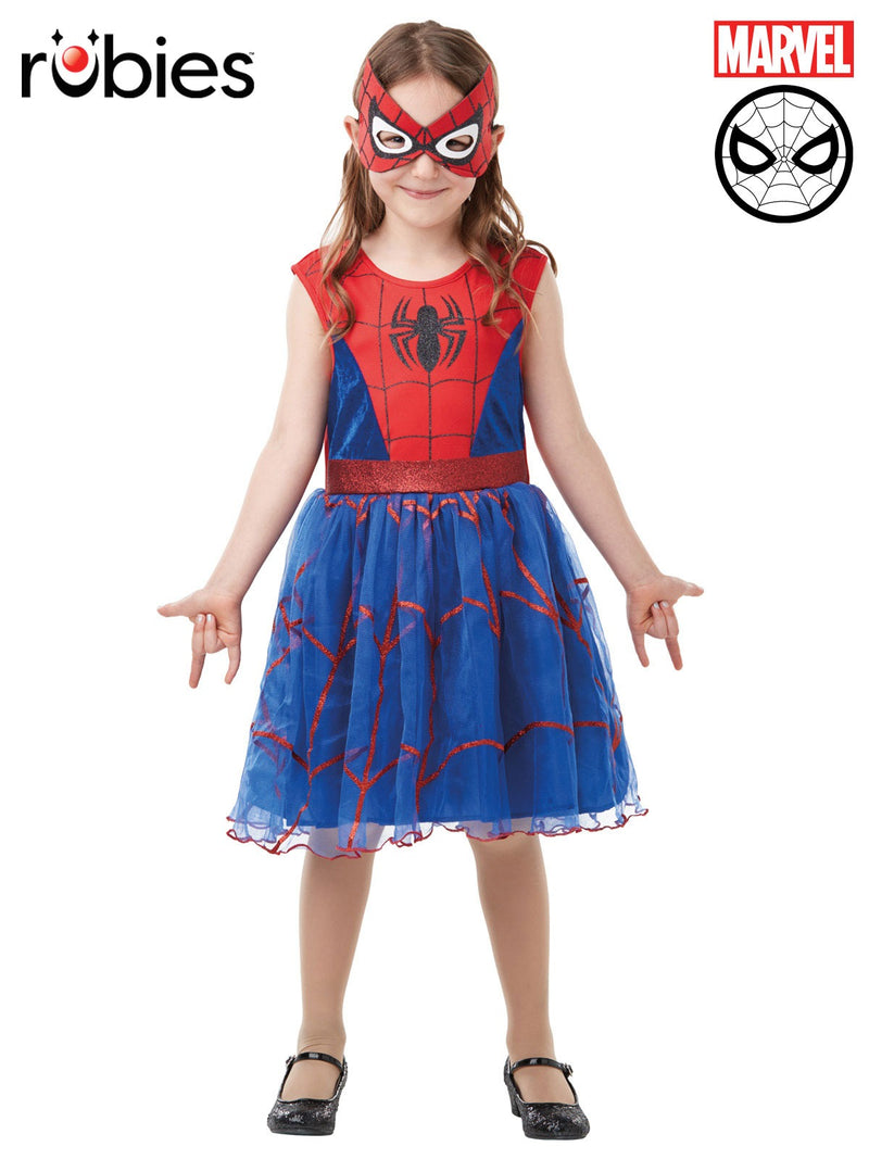 Girls Spider-Girl tutu costume with red and blue velour bodice, glitter spider emblem, and layered tulle skirt