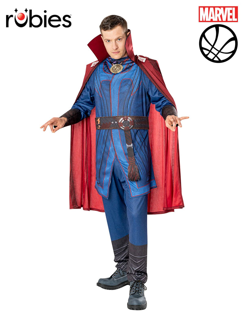Adult Dr. Strange costume with royal blue tunic, red Cloak of Levitation, and Eye of Agamotto medallion