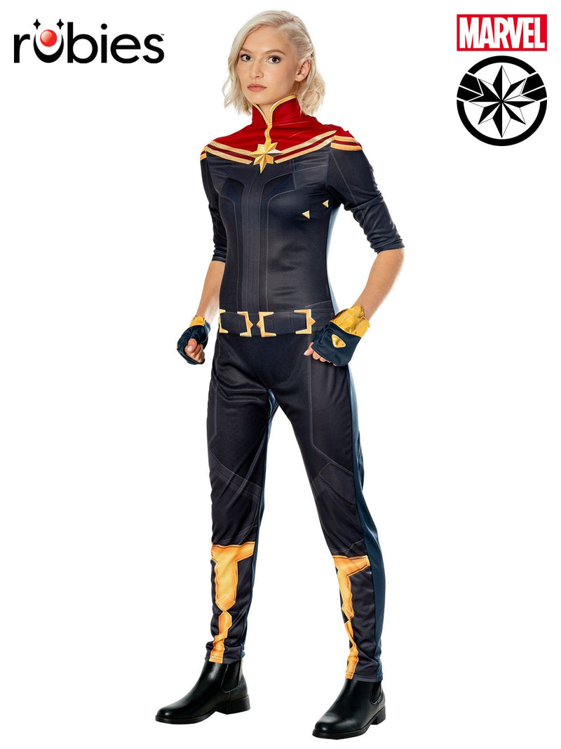 Womens Captain Marvel costume jumpsuit with gold star emblem and red shoulder detail