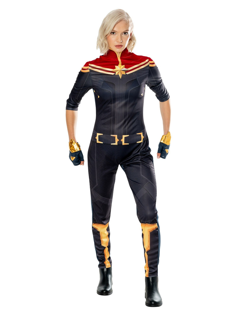 Captain Marvel costume back view showing navy bodysuit with printed armor paneling