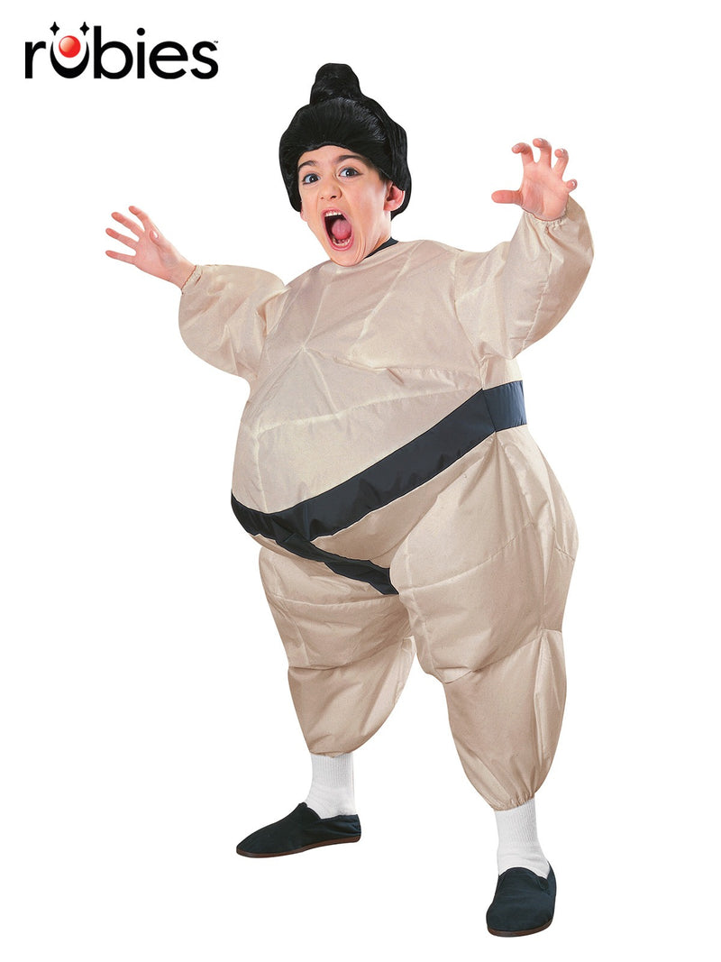 Adult inflatable sumo wrestler costume with black belt detail and topknot wig