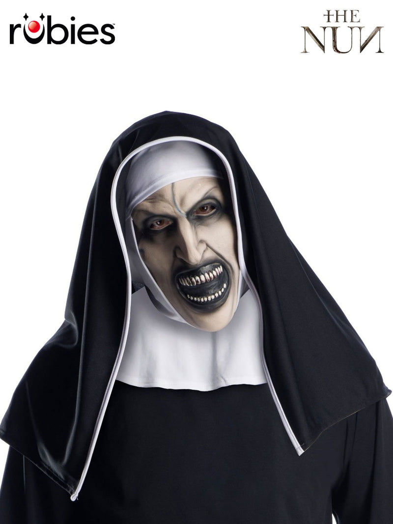 Adult The Nun mask with attached black headpiece showing painted demon face and white trim