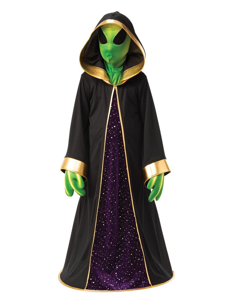 Kids alien robe costume detail showing gold metallic cuffs and purple glitter stars