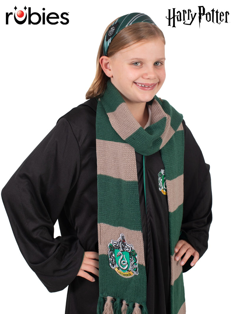 Kids Harry Potter Slytherin headband and scarf set in green and silver with house crest