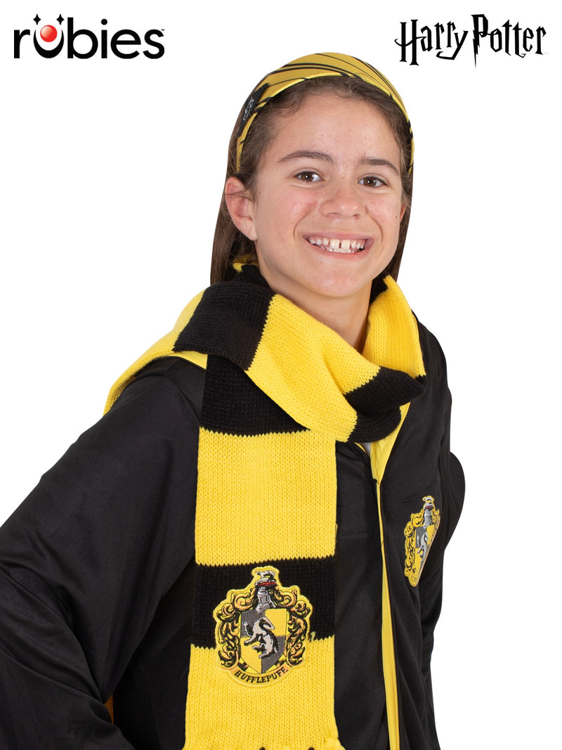 Kids Harry Potter Hufflepuff headband and scarf set in yellow and black stripes with house crest