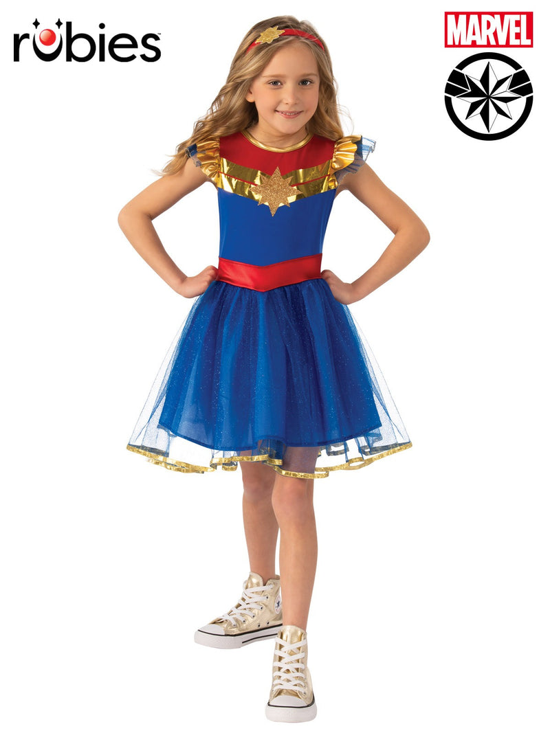 Kids Captain Marvel tutu costume with royal blue bodice and gold star emblem
