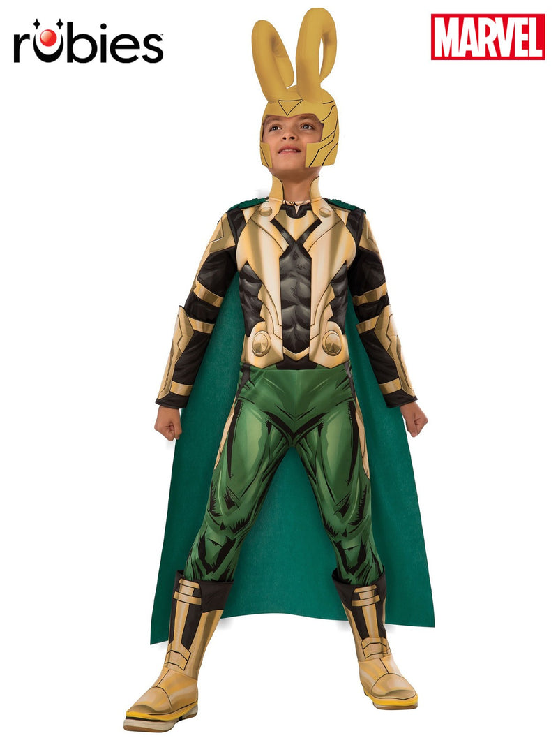 Kids Loki costume with gold horned helmet and green cape