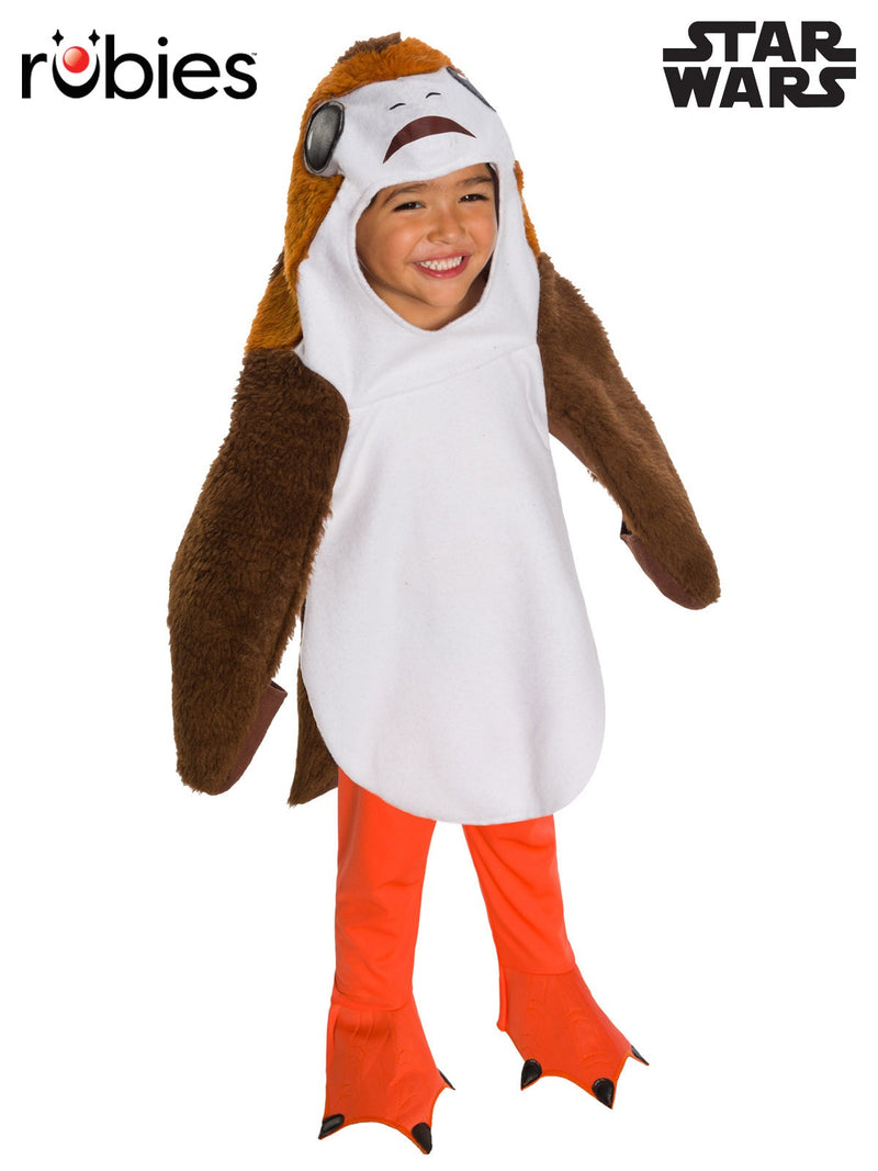 Child wearing white and brown Porg costume with hooded face and wing sleeves