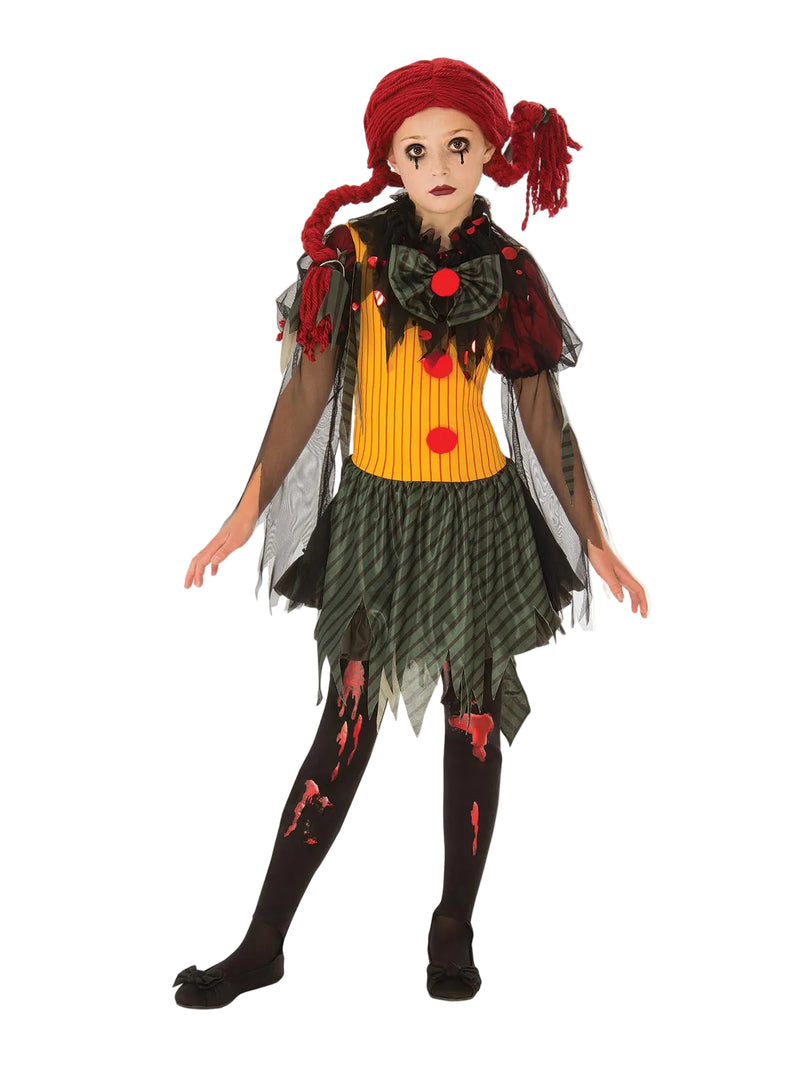 Kids zombie clown costume full set with striped dress, tulle collar, blood-splatter tights and red yarn wig