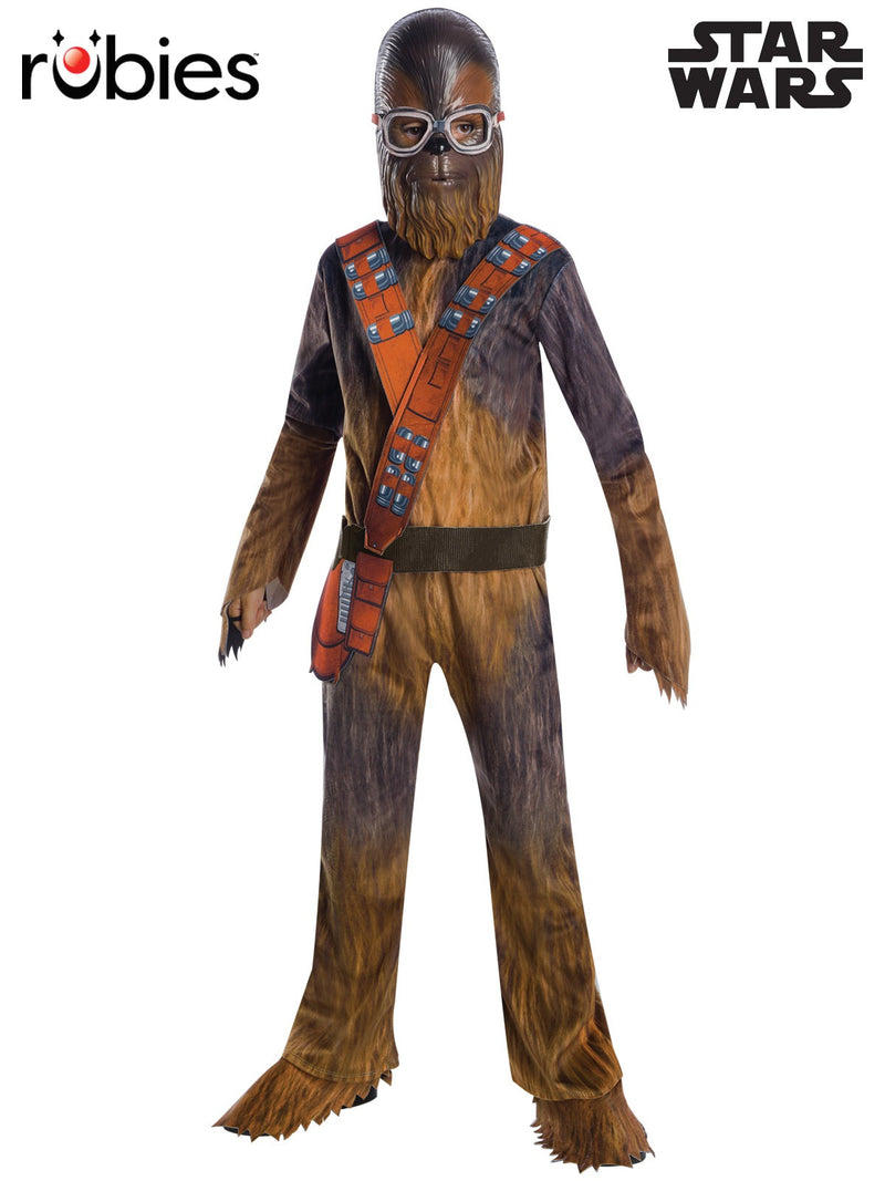 Kids Chewbacca costume with brown fur-print jumpsuit and bandolier