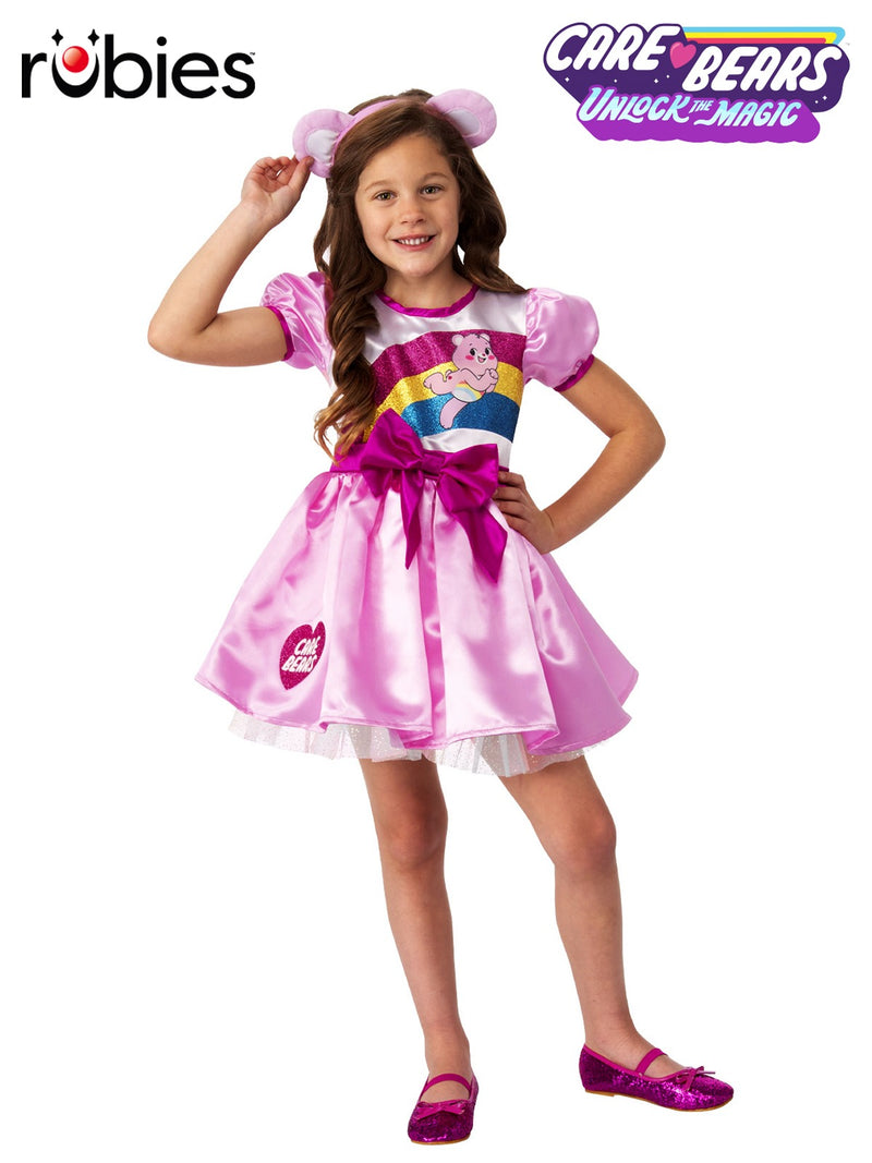 Kids Care Bears Cheer Bear pink tutu dress costume with rainbow belly badge and bow