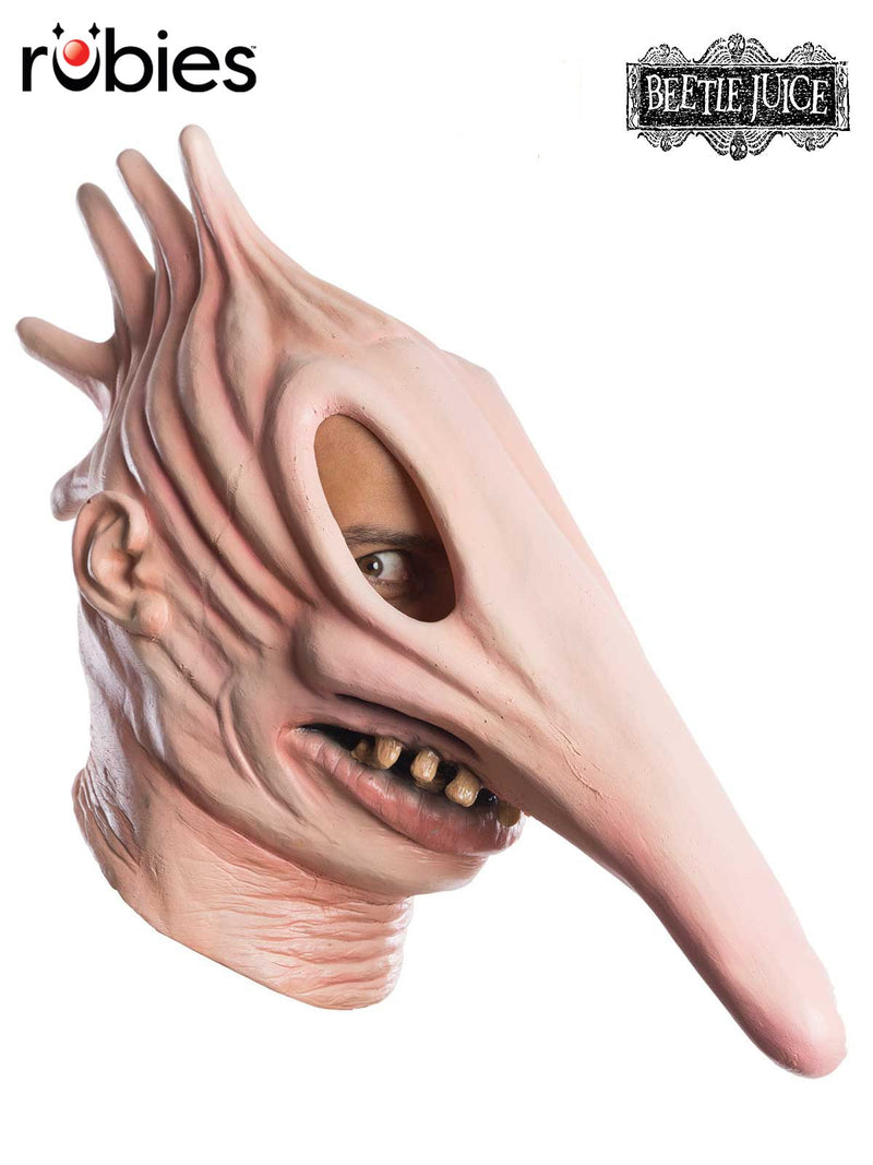 Adult Beetlejuice Adam Maitland overhead latex mask showing distorted ghost face with elongated features