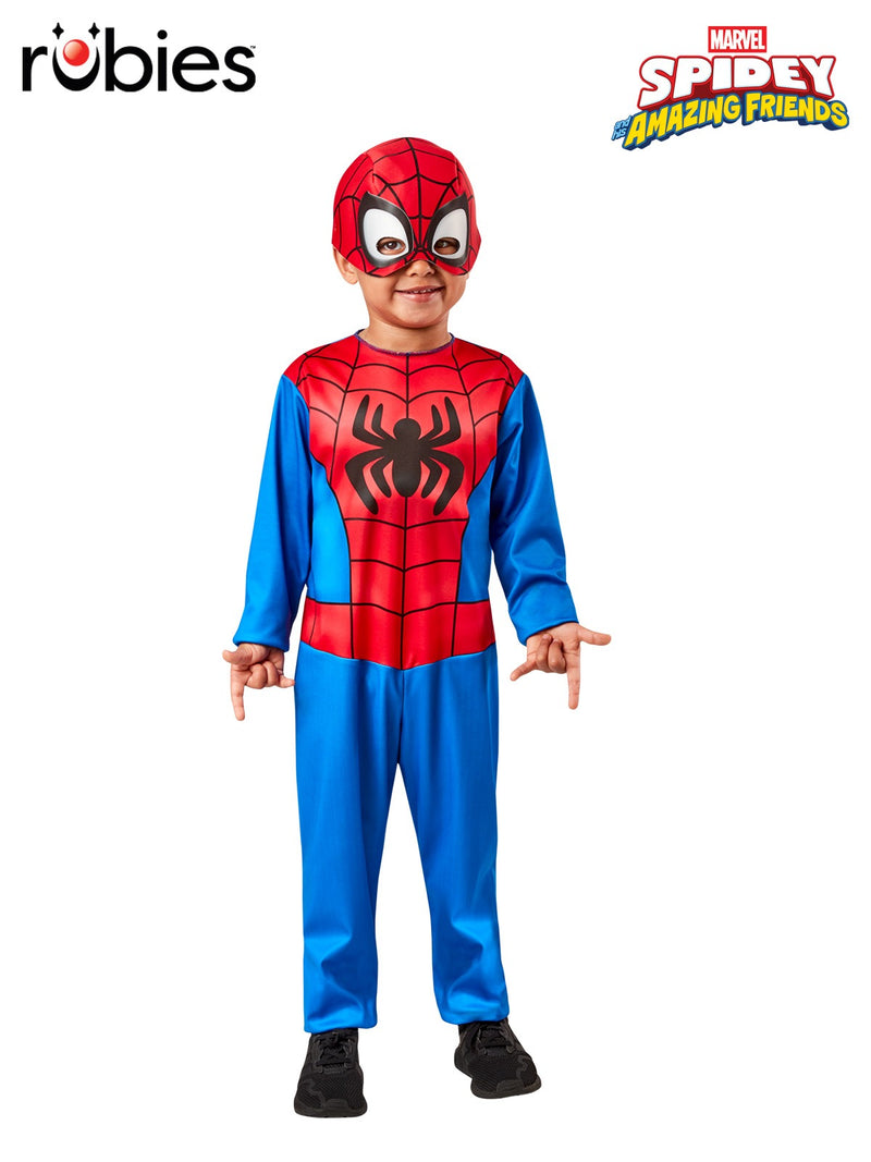 Toddler wearing red and blue Spider-Man jumpsuit with printed spider emblem and soft half-mask