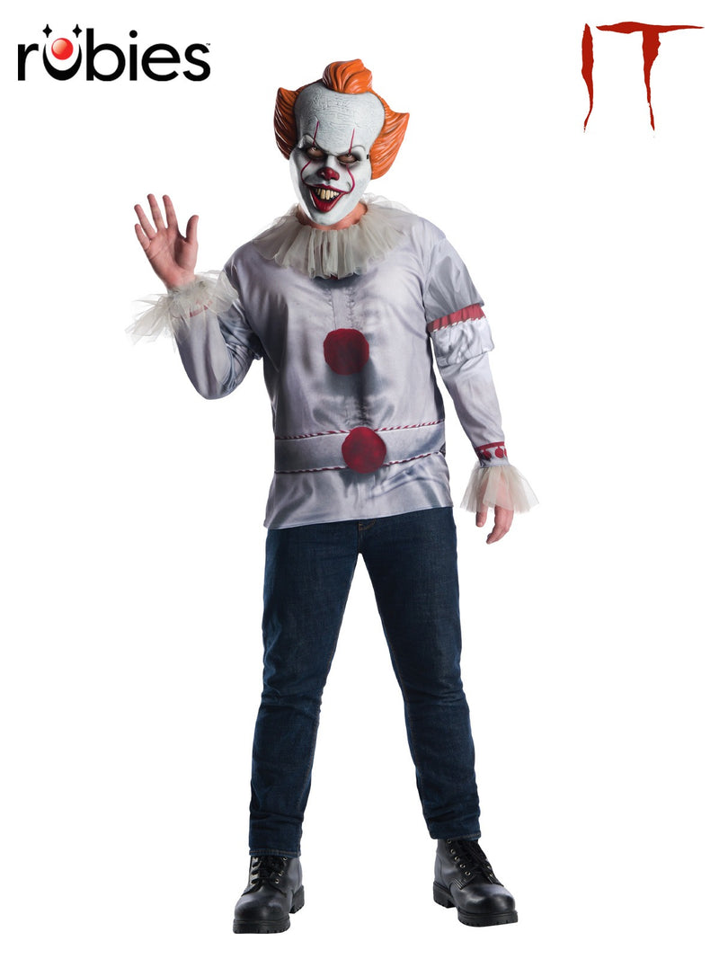 Adult Pennywise costume from IT with grey-blue printed clown top, red pom poms, tulle ruffles, and full overhead mask with orange hair