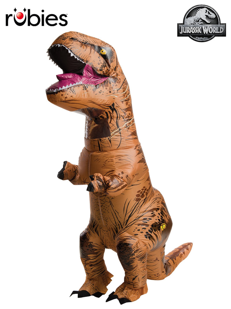 Kids wearing tan and brown T-Rex inflatable costume with open mouth and small arms