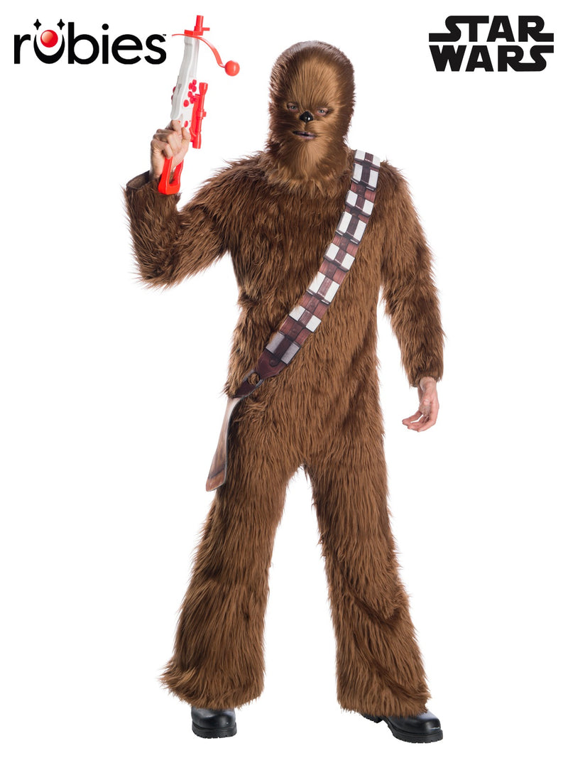 Adult wearing brown Chewbacca costume with full fur jumpsuit and mask