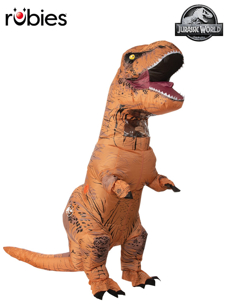 Adult wearing orange-brown inflatable T-Rex costume with short arms and long tail