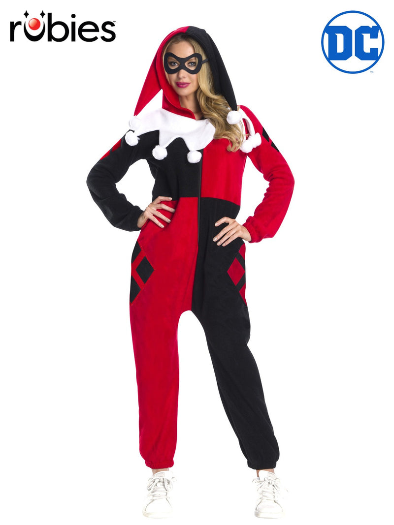 Adult Harley Quinn fleece onesie costume with red and black diamond panels and jester hood
