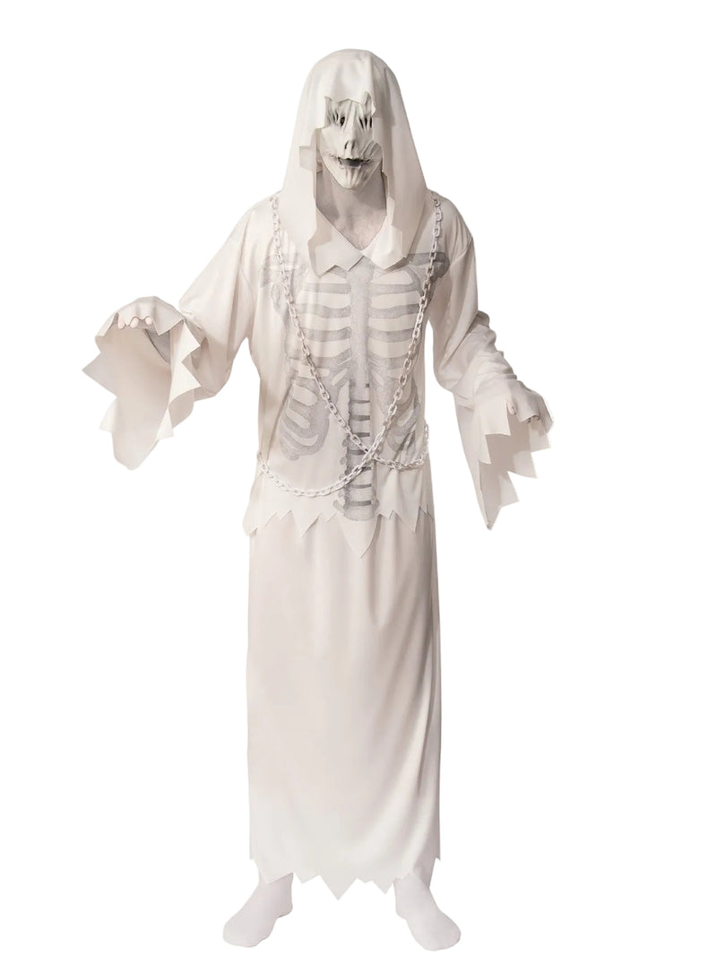 Adult wearing white hooded robe with skeleton print and skull mask for Halloween
