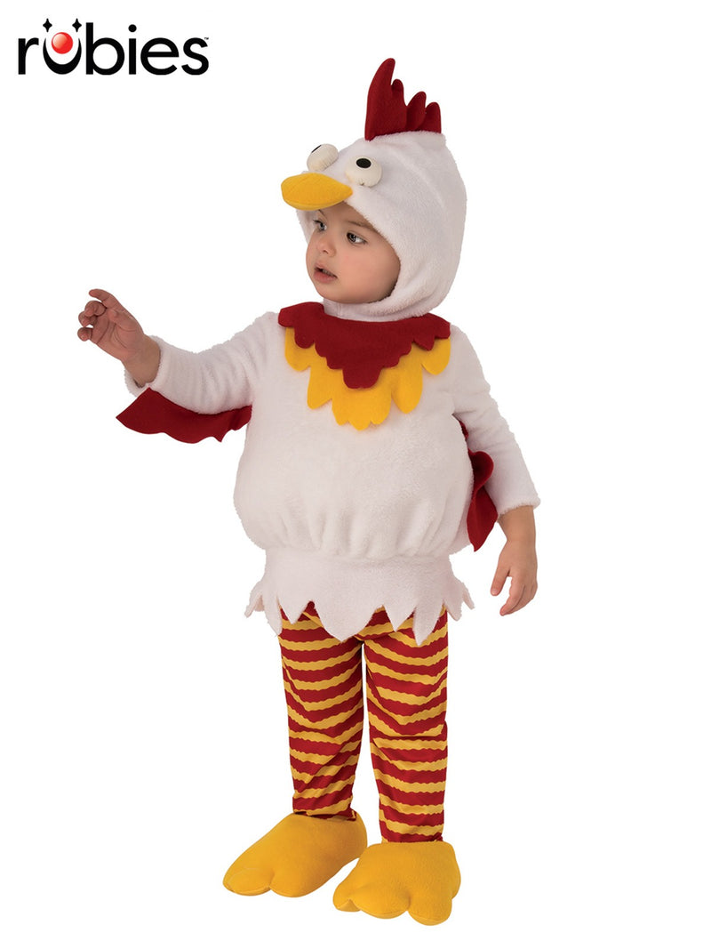 Toddler chicken costume with white plush body, red feather collar, and 3D googly-eyed hood