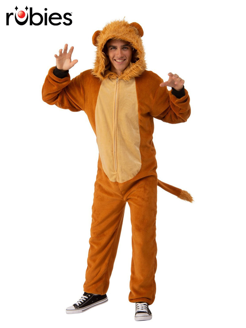 Adult lion onesie costume with plush orange-brown body and shaggy mane hood