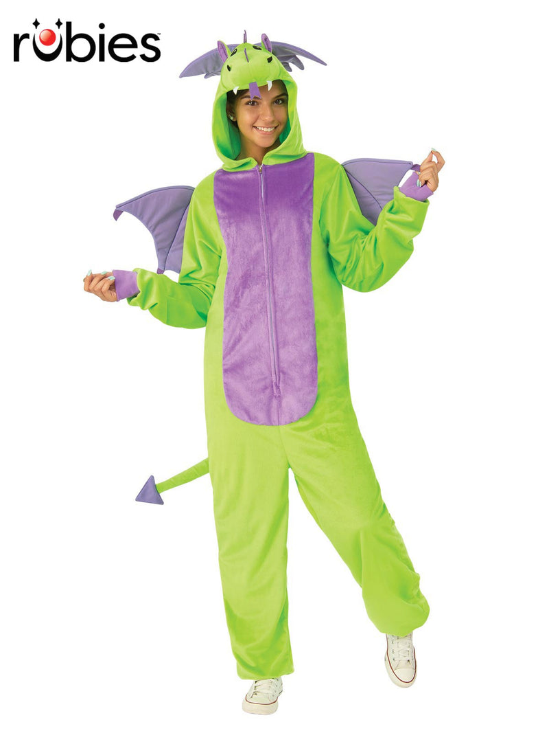 Adult dragon onesie costume in lime green plush with purple belly panel and detachable wings, front view