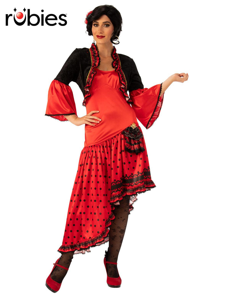 Womens Spanish Flamenco Dancer Costume with red and black polka-dot tiered skirt and trumpet sleeves