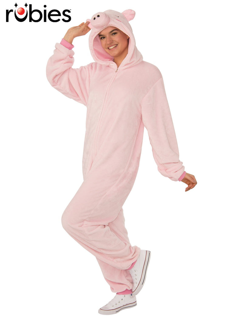 Adult pink pig onesie costume with 3D snout hood and plush fleece body, front view